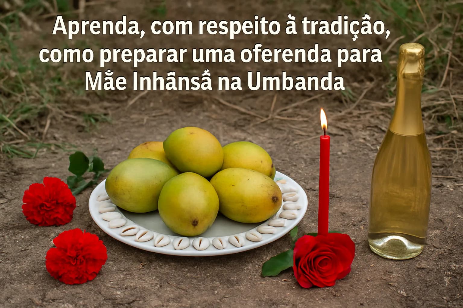 Oferenda para Mãe Inhansã/Manhã Inhansã (Umbanda) — frutas, 21 búzios, flores vermelhas e vela