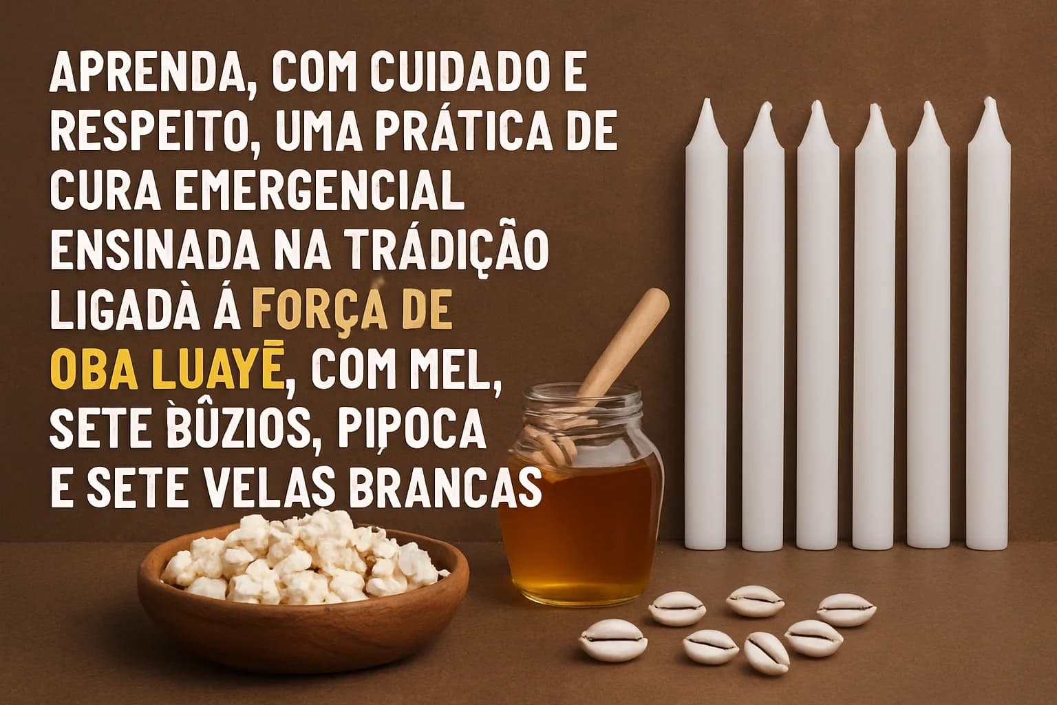 Ritual de Cura na Força de Oba Luayê (com mel, búzios, pipoca e sete velas brancas)